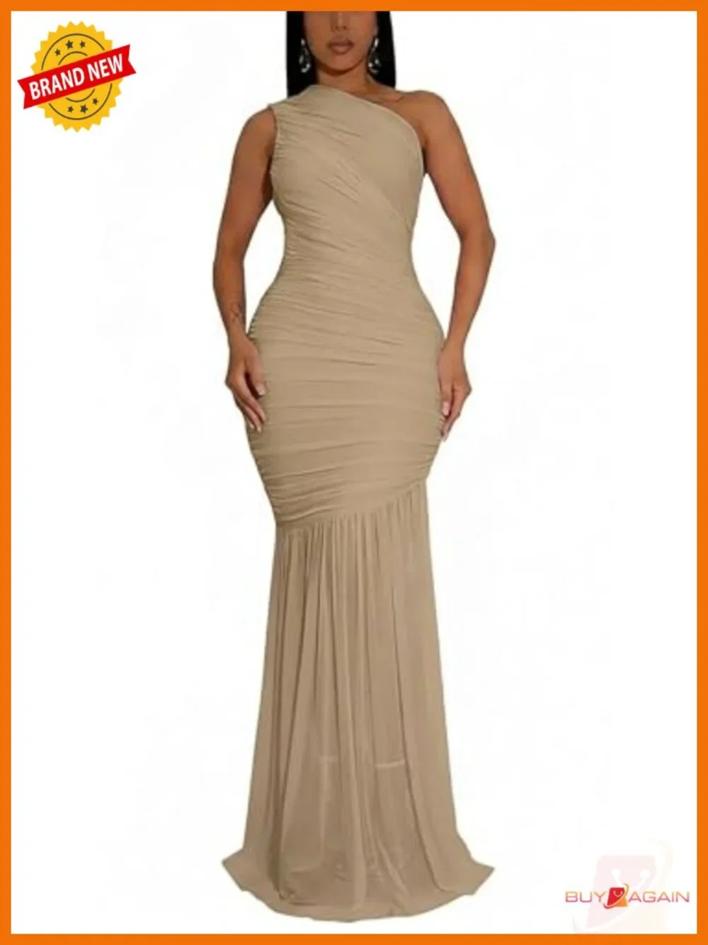 One Shoulder Bodycon Maxi Dress Ruched Mesh Formal Evening